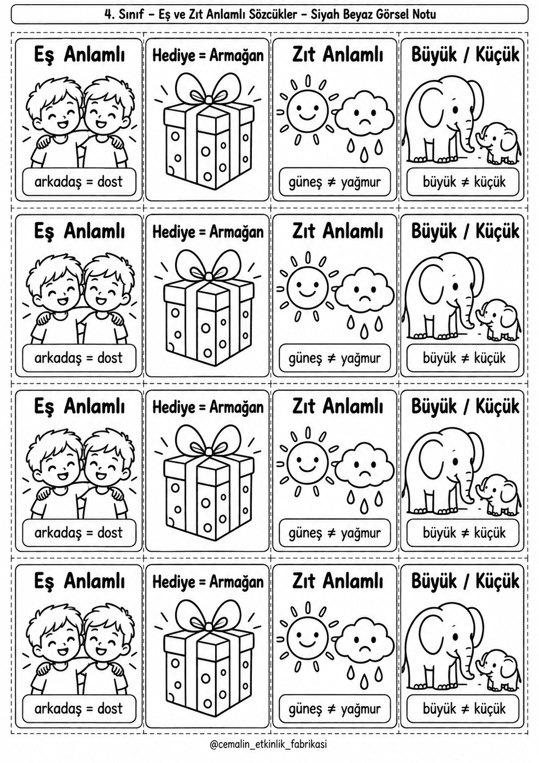Eş Ve Zıt Anlamlı Sözcükler Siyah-Beyaz Görsel